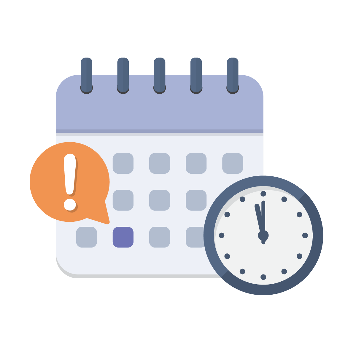 Calendar and clock with an alert icon over a day - to represent a due date